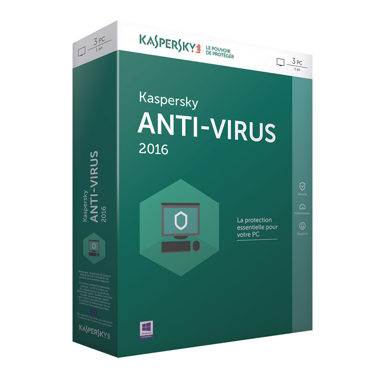 Logiciel antivirus Kaspersky Anti-Virus 2016 - Licence 1 an 3 postes Antivirus - Licence 1 an 3 postes (français, WINDOWS)
