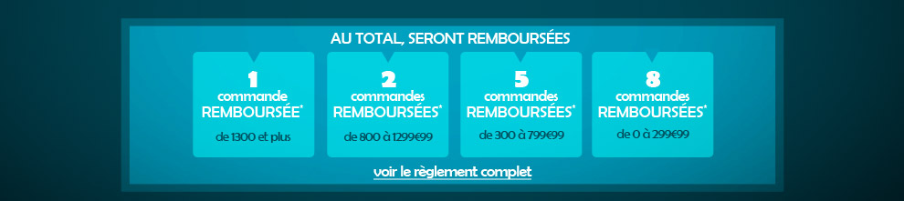 1 commandes rembours&eacute;s plafonn&eacute; &agrave; 2000&euro; ttc. 2 commandes rembours&eacute;s entre 800 et 1299,99&euro;. 5 commandes rembours&eacute;s entre 300 et 799,99&euro;. 8 commandes rembours&eacute;s entre 0 et 299,99&euro;