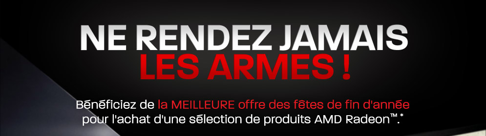 Ne rendez jamais les armes ! Bénéficiez de la meilleure offre des fêtes de fin d'année pour l'achat d'une sélection de produits AMD Radeon™.*