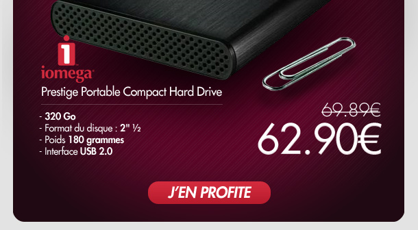 Iomega Prestige Portable Compact Hard Drive. 320 Go, format du disque : 2,5 pouces, poids : 180 grammes, interface USB 2.0. 62,90 au lieu de 69,89. J'en profite.