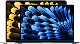 Vue de face des modèles de MacBook Air 13 et 15 pouces avec les tailles d'écran (mesurées en diagonale)