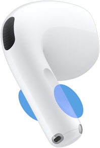 Extérieur d'un écouteur AirPod 5, cercles bleus indiquant où toucher la tige pour régler le volume