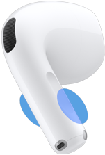 Extérieur d'un écouteur AirPod 5, cercles bleus indiquant où toucher la tige pour régler le volume