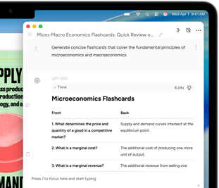 Écran de MacBook Air montrant les Outils d'écriture d'Apple Intelligence en train de créer des fiches de synthèse sur la micro et la macroéconomie
