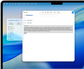 Écran d'un MacBook Air affichant les Outils d'écriture d'Apple Intelligence utilisés pour rédiger un e-mail