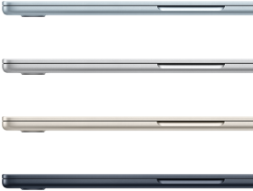 Vue latérale de quatre MacBook Air montrant les quatre finitions disponibles