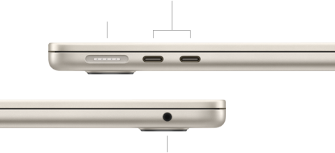 MacBook Air, fermé, côté gauche, montrant le port MagSafe et les deux ports Thunderbolt, côté droit, montrant la prise casque