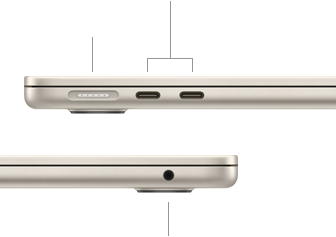 MacBook Air, fermé, côté gauche, montrant le port MagSafe et les deux ports Thunderbolt, côté droit, montrant la prise casque