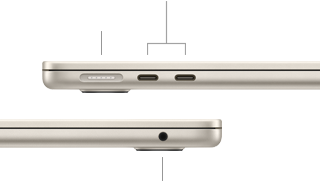 MacBook Air, fermé, côté gauche, montrant le port MagSafe et les deux ports Thunderbolt, côté droit, montrant la prise casque