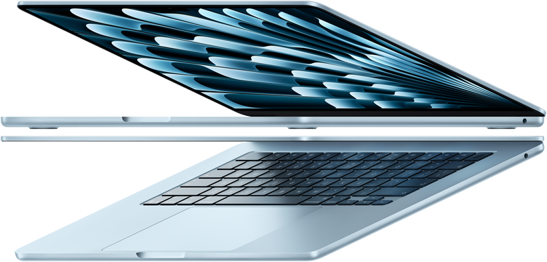 Deux MacBook Air en bleu ciel ouverts forment une flèche soulignant leur profil fin