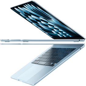Deux MacBook Air en bleu ciel ouverts forment une flèche soulignant leur profil fin