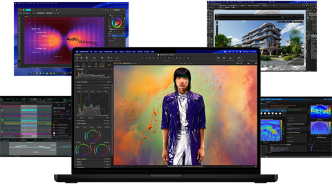 Différents contenus colorés affichés à l'écran dans des apps de production musicale, de montage vidéo, d'animation 3D et de retouche photo sur Mac, illustrant les puissantes performances graphiques
