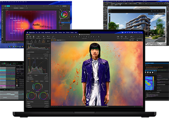 Différents contenus colorés affichés à l'écran dans des apps de production musicale, de montage vidéo, d'animation 3D et de retouche photo sur Mac, illustrant les puissantes performances graphiques