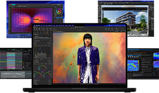 Différents contenus colorés affichés à l'écran dans des apps de production musicale, de montage vidéo, d'animation 3D et de retouche photo sur Mac, illustrant les puissantes performances graphiques