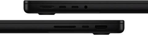 Vue rapprochée des ports d'un MacBook Pro - côté gauche : MagSafe 3, deux ports Thunderbolt et prise casque - côté droit : lecteur de carte SDXC, port Thunderbolt et port HDMI