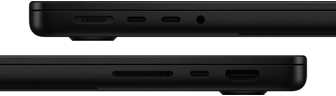 Vue rapprochée des ports d'un MacBook Pro - côté gauche : MagSafe 3, deux ports Thunderbolt et prise casque - côté droit : lecteur de carte SDXC, port Thunderbolt et port HDMI