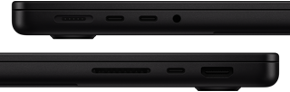 Vue rapprochée des ports d'un MacBook Pro - côté gauche : MagSafe 3, deux ports Thunderbolt et prise casque - côté droit : lecteur de carte SDXC, port Thunderbolt et port HDMI