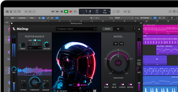 Contenu d'écran montrant le logiciel MicDrop utilisant des fonctionnalités d'IA pour monter un enregistrement vocal sur un MacBook Pro