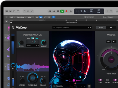 Contenu d'écran montrant le logiciel MicDrop utilisant des fonctionnalités d'IA pour monter un enregistrement vocal sur un MacBook Pro