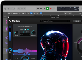Contenu d'écran montrant le logiciel MicDrop utilisant des fonctionnalités d'IA pour monter un enregistrement vocal sur un MacBook Pro