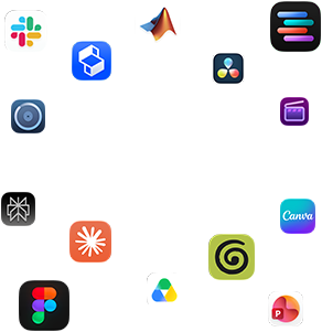 Différents glyphes d'apps sont disposés autour du texte suivant : Vos apps décollent sur macOS