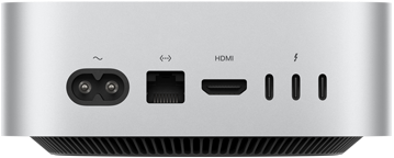 Mac mini, de dos, prise d'alimentation, port Ethernet, port HDMI, trois ports Thunderbolt