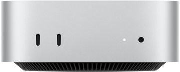 Mac mini, vue de face, boîtier argent, deux ports USB-C, bouton d'alimentation, voyant lumineux de statut, grille de ventilation en bas