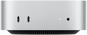 Mac mini, vue de face, boîtier argent, deux ports USB-C, bouton d'alimentation, voyant lumineux de statut, grille de ventilation en bas