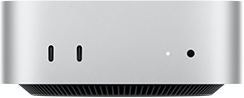 Mac mini, vue de face, boîtier argent, deux ports USB-C, bouton d'alimentation, voyant lumineux de statut, grille de ventilation en bas