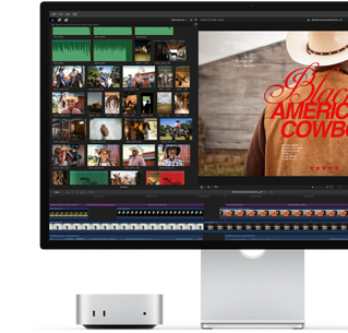 Mac mini associé à un Studio Display, écran affichant à droite l'écran titre d'un film intitulé Black American Cowboy et à gauche plusieurs images