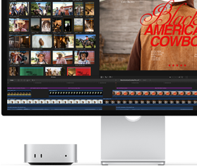 Mac mini associé à un Studio Display, écran affichant à droite l'écran titre d'un film intitulé Black American Cowboy et à gauche plusieurs images