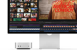 Mac mini associé à un Studio Display, écran affichant à droite l'écran titre d'un film intitulé Black American Cowboy et à gauche plusieurs images