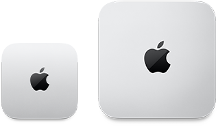 Deux Mac mini, vus de dessus, aluminium argent, angles arrondis, logo Apple noir brillant centré, l'appareil de gauche correspond à la nouvelle version et fait moins de la moitié de la taille de celui de droite