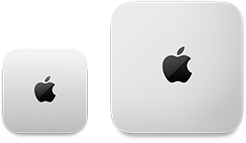 Deux Mac mini, vus de dessus, aluminium argent, angles arrondis, logo Apple noir brillant centré, l'appareil de gauche correspond à la nouvelle version et fait moins de la moitié de la taille de celui de droite