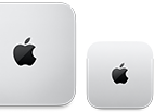 Deux Mac mini, vus de dessus, aluminium argent, angles arrondis, logo Apple noir brillant centré, l'appareil de gauche correspond à la nouvelle version et fait moins de la moitié de la taille de celui de droite