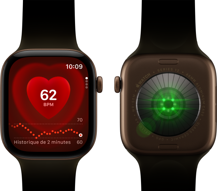 Deux Apple Watch Series 12, boîtier en aluminium, bronze sombre avec Bracelet Sport olive, l'une affichant l'app Fréquence cardiaque, l'autre montrant le Système de suivi de santé à l'arrière de la montre, avec des LED vertes lumineuses
