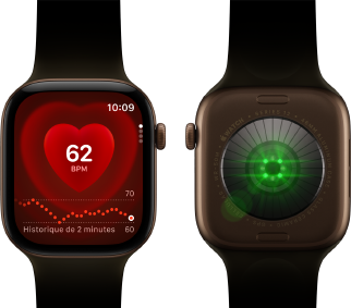 Deux Apple Watch Series 12, boîtier en aluminium, bronze sombre avec Bracelet Sport olive, l'une affichant l'app Fréquence cardiaque, l'autre montrant le Système de suivi de santé à l'arrière de la montre, avec des LED vertes lumineuses
