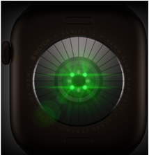 Dos d'une Apple Watch Series 12, boîtier en aluminium, bronze sombre, plusieurs capteurs ronds émettant des lueurs LED vertes, côté gauche, Digital Crown, Bracelet Sport, olive