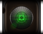Dos d'une Apple Watch Series 12, boîtier en aluminium, bronze sombre, plusieurs capteurs ronds émettant des lueurs LED vertes, côté gauche, Digital Crown, Bracelet Sport, olive