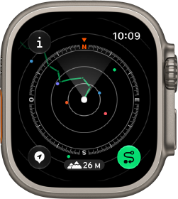 Apple Watch Ultra 4, boîtier en titane, finition naturelle, Point de départ montrant l'itinéraire avec les indications de la boussole, côté droit, Digital Crown, bouton latéral en saillie