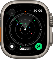 Apple Watch Ultra 4, boîtier en titane, finition naturelle, Point de départ montrant l'itinéraire avec les indications de la boussole, côté droit, Digital Crown, bouton latéral en saillie