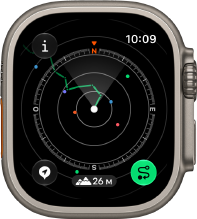 Apple Watch Ultra 4, boîtier en titane, finition naturelle, Point de départ montrant l'itinéraire avec les indications de la boussole, côté droit, Digital Crown, bouton latéral en saillie