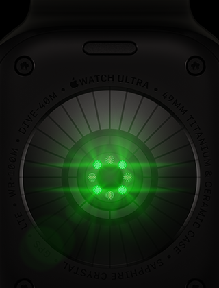 Dos de l'Apple Watch Ultra 4, boîtier en titane, noir, plusieurs capteurs ronds avec LED vertes allumées