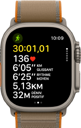 Apple Watch Ultra 4, boîtier en titane, finition naturelle, données avancées de l'exercice Course en plein air, côté droit, Digital Crown, bouton latéral en saillie, Boucle Trail, coloris sable