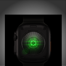 Dos de l'Apple Watch Ultra 4, boîtier en titane, noir, plusieurs capteurs ronds avec LED vertes allumées