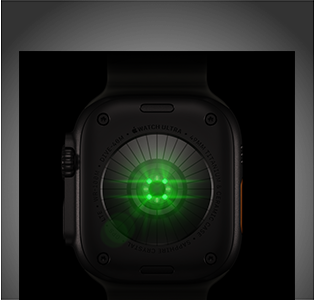 Dos de l'Apple Watch Ultra 4, boîtier en titane, noir, plusieurs capteurs ronds avec LED vertes allumées