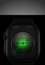 Dos de l'Apple Watch Ultra 4, boîtier en titane, noir, plusieurs capteurs ronds avec LED vertes allumées