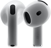 Matériel AirPods 4, vue montrant l'avant et l'arrière pour mettre en valeur le nouveau design