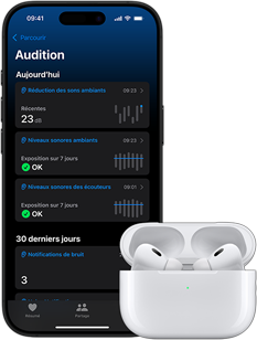 AirPods Pro dans le boîtier de charge à côté d'un iPhone affichant un écran de santé auditive