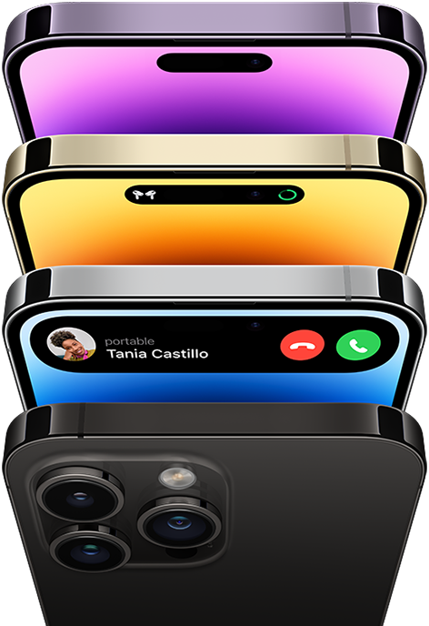 iPhone 14 Pro en quatre couleurs : noir sidéral, bleu, or et violet intense. Un modèle présente la face arrière du téléphone, tandis que les trois autres présentent une vue avant de l'écran.